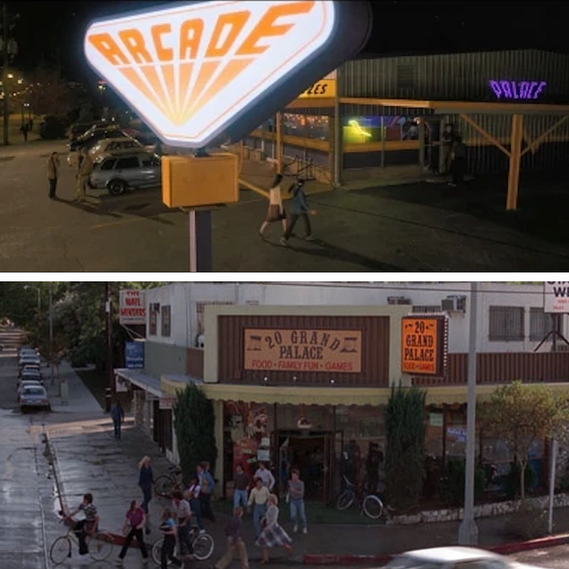 The Arcade Place in "Stranger Things" (top) was inspired by 20 Grand Palace Arcade in "WarGames".
